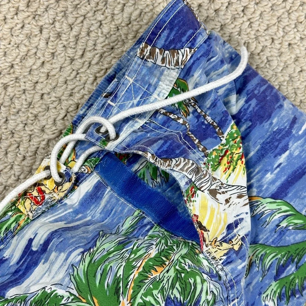 Vtg Polo Ralph Lauren Board Shorts Mens L Blue Swim Trunks Tie Front Palm Tree